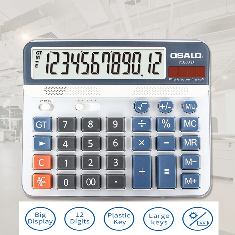 Solar-powered desktop calculator with 12-digit LCD, big display, and AA battery indicator