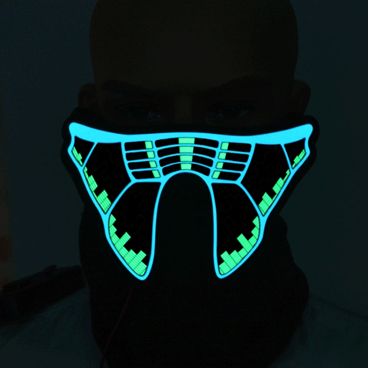 Glow LED horror face mask with black fabric and neon cyan/green skeletal pattern