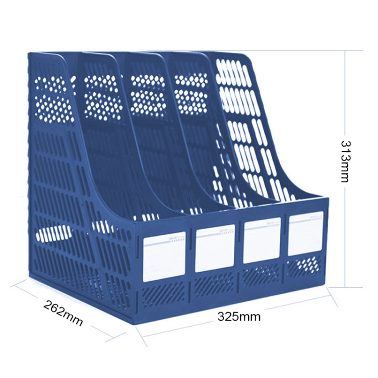 Blue 4-compartment desk organizer with perforated panels and front label slots, curved top