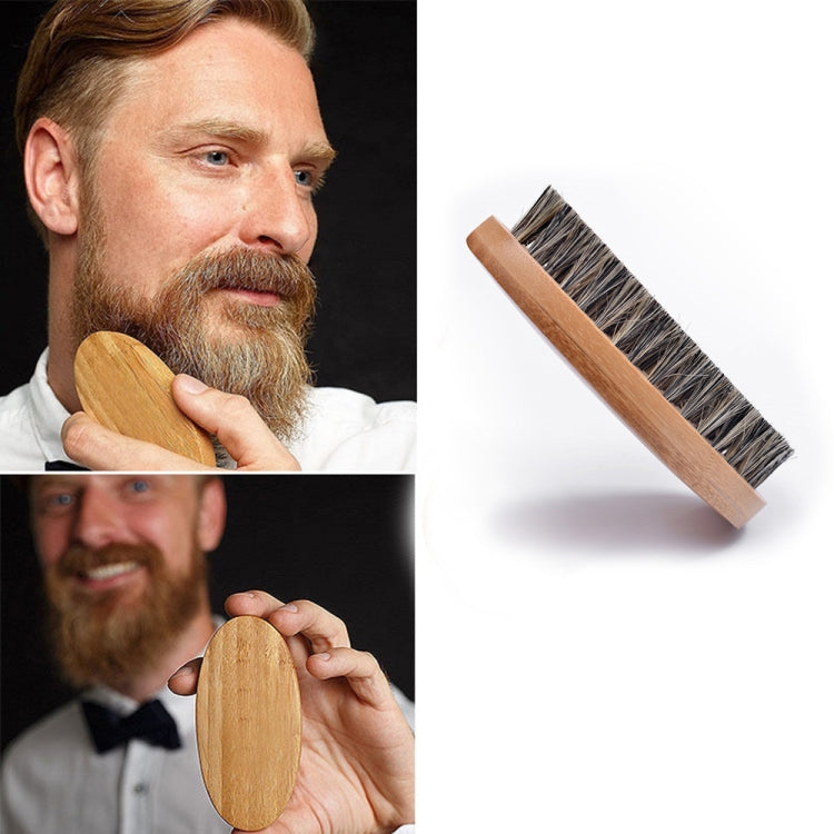 Beard grooming brush with wooden handle and gray-black boar bristles