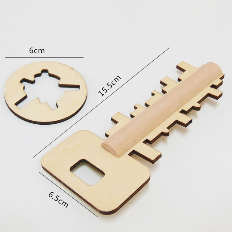 Wooden lock puzzle key set with key and base pieces; size labels show 15.5cm length