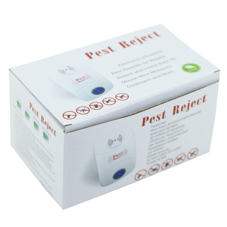 Ultrasonic pest repeller product box with device illustration and icons