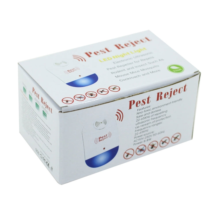 Ultrasonic pest repeller retail box, white Pest Reject design with icons and device photo