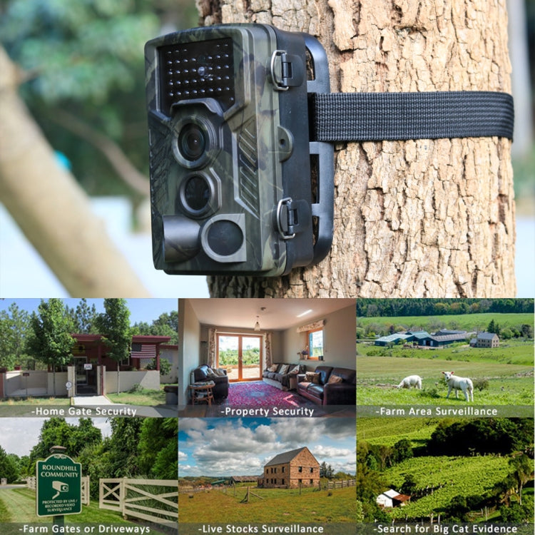 Camouflage trail camera mounted on tree with IR LED array and dual lens openings