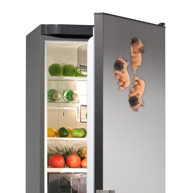 Fridge door with sleeping French bulldog 3D magnets arranged vertically, beige and black