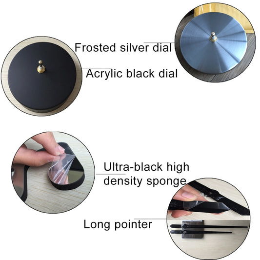 Wall clock mirror sticker parts: frosted silver dial, acrylic black dial, long pointer