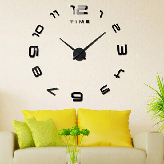 Wall clock mirror sticker with black 3D numbers and hands, large DIY design