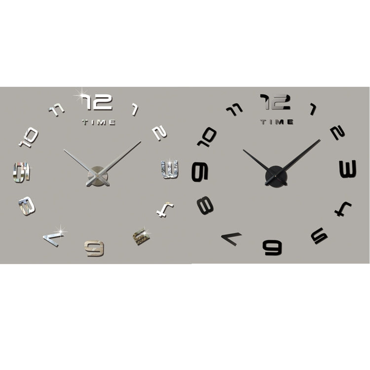 Wall clock mirror sticker set showing black and silver 3D numbers with hands