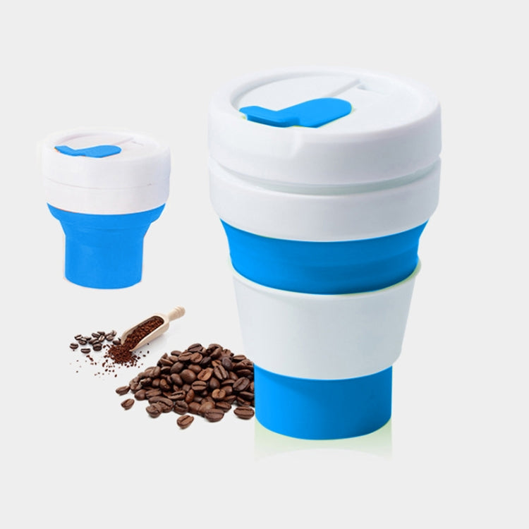 350ml collapsible silicone travel mug, blue and white, with snap-on lid.