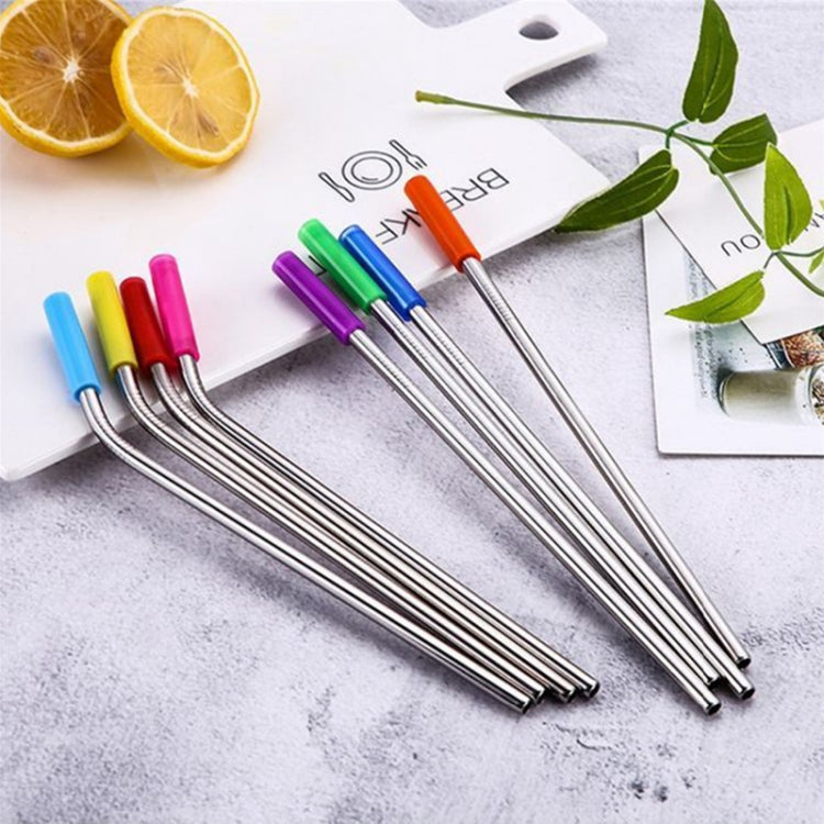 Reusable stainless steel drinking straws with colored silicone tips, two included