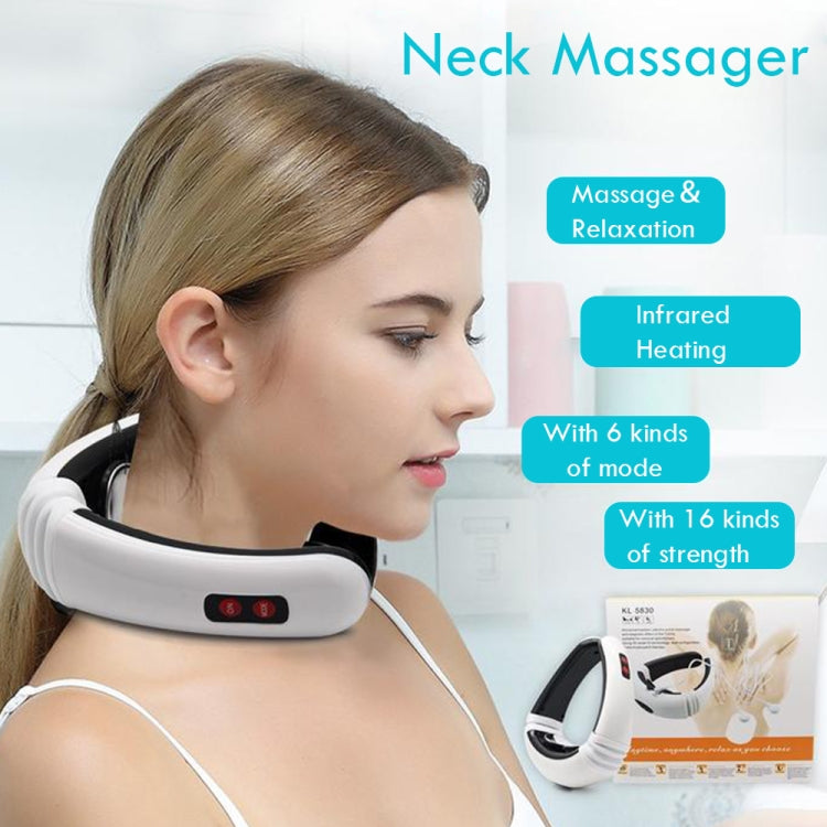Neck massager worn around neck, white collar with mode buttons and soft pads