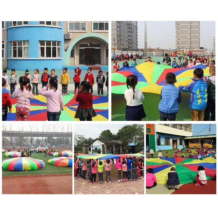 Rainbow parachute play toy in schoolyard group games, collage of multiple scenes.