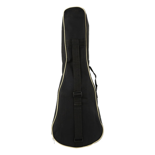 Black padded ukulele gig bag with tan piping and webbing carry strap.