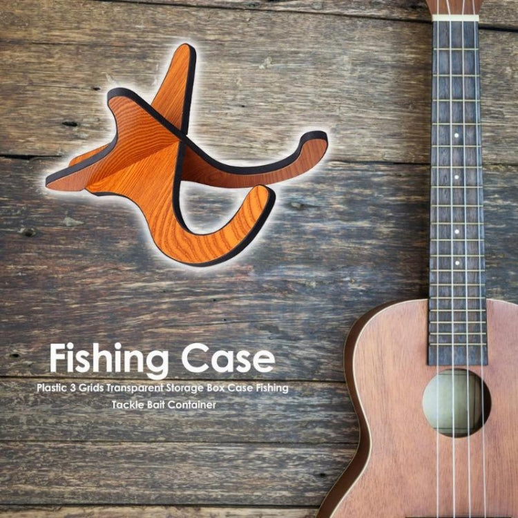 Wooden ukulele shelf bracket with dark rubber grips, mounted beside an instrument