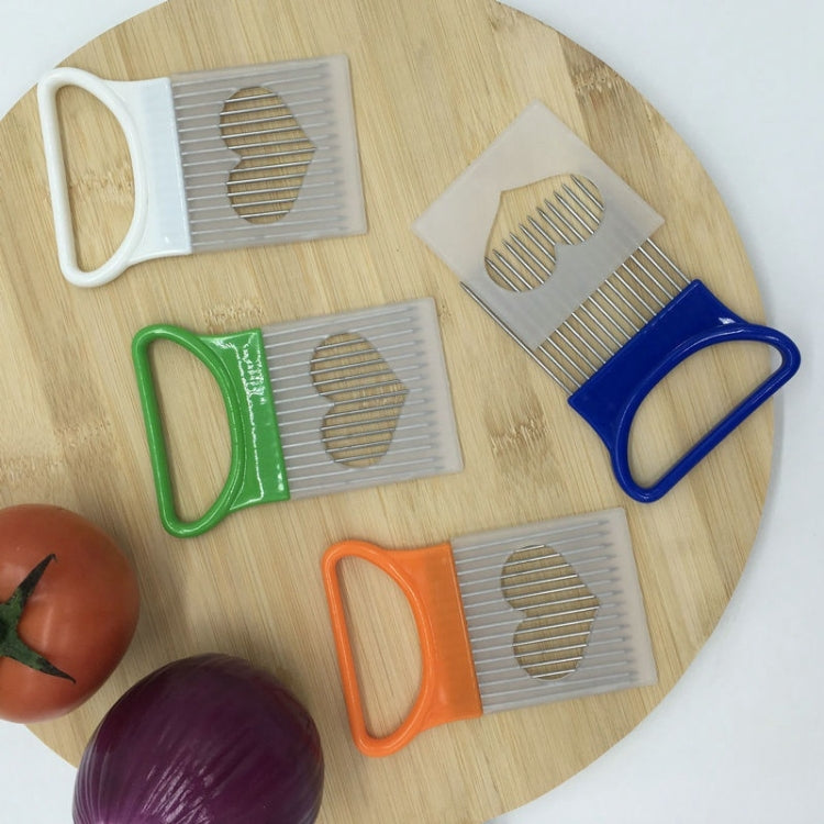 Assorted colored onion cutter holders with stainless needle pins (green, blue, orange, white).