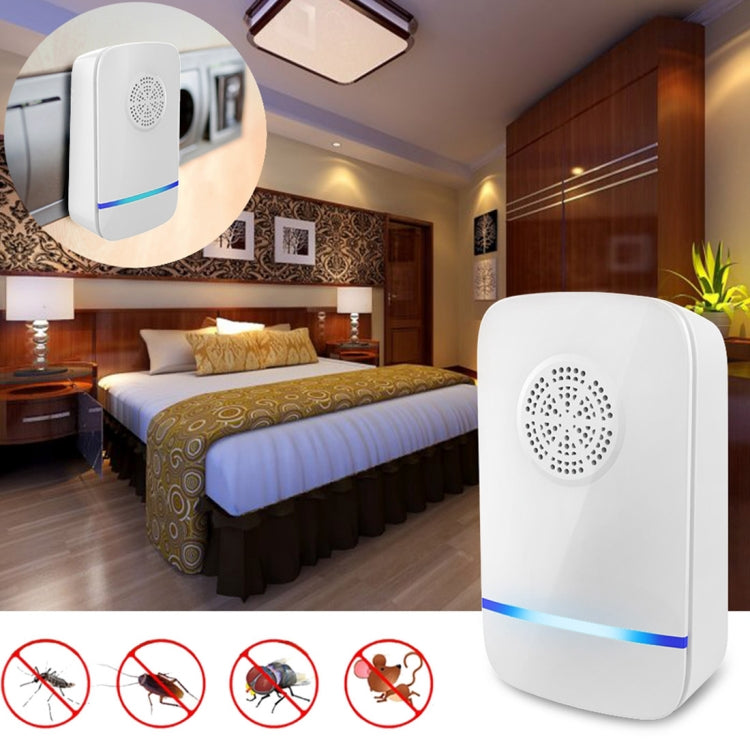 Ultrasonic pest repeller, front grille and blue light strip with anti-insect symbol graphics.