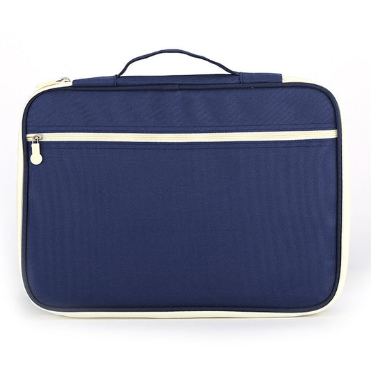 Navy zippered document folder with front zipper and top carry handle