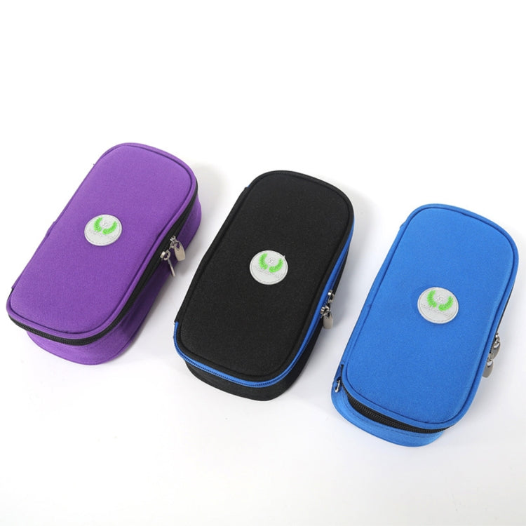 Set of insulated insulin storage bags: purple, black, and blue, each with zipper and badge