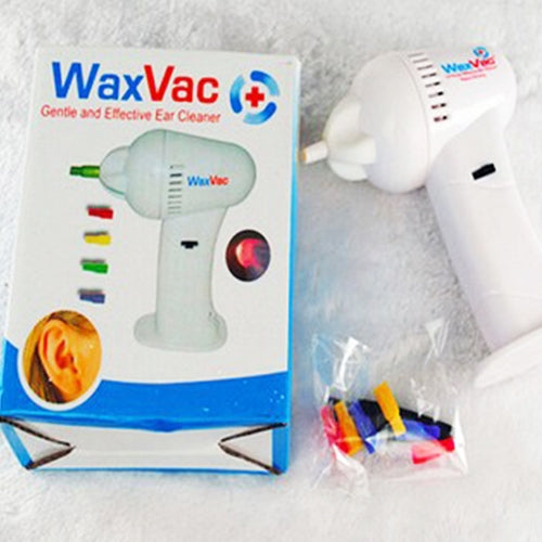 White ear cleaner device with included accessories shown beside packaging