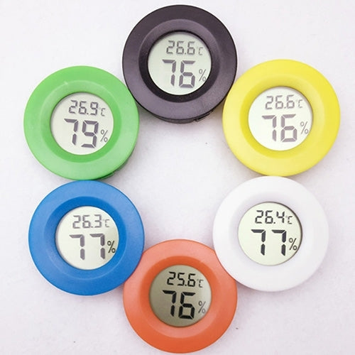 Set of round digital reptile thermometer hygrometers with LCD screens, multiple colors