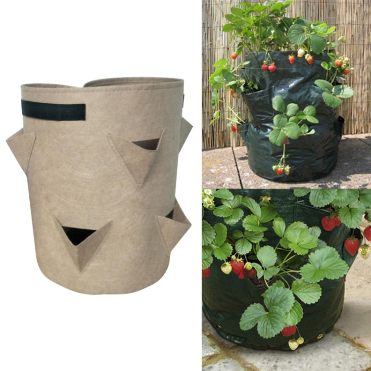 Beige non-woven felt strawberry planting bag with 3 side pockets and handles