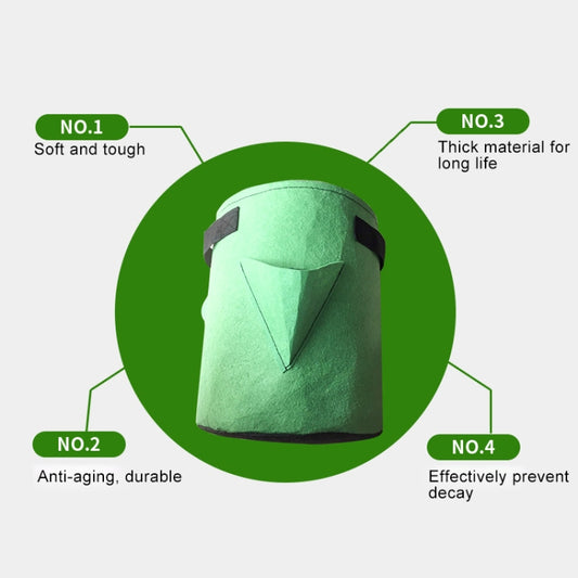 Green non-woven felt planting bag with triangular side opening and sturdy seams