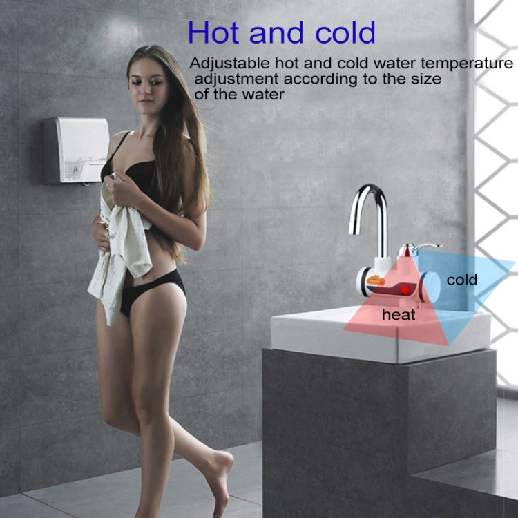 Wall-mounted electric faucet with chrome spout, red indicator light, and hot/cold control