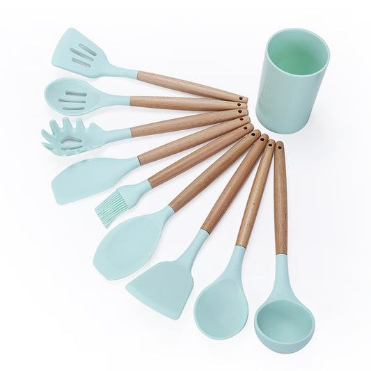 kn082 9 in 1 Wooden Handle Silicone Kitchen Tool Set with Storage Bucket, Green, Black, Pink