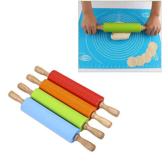kn055 Solid Wooden Handle Silicone Rolling Pin Non-stick Food Dumpling Stick, Length: 29cm, Random Color Delivery, 29cm