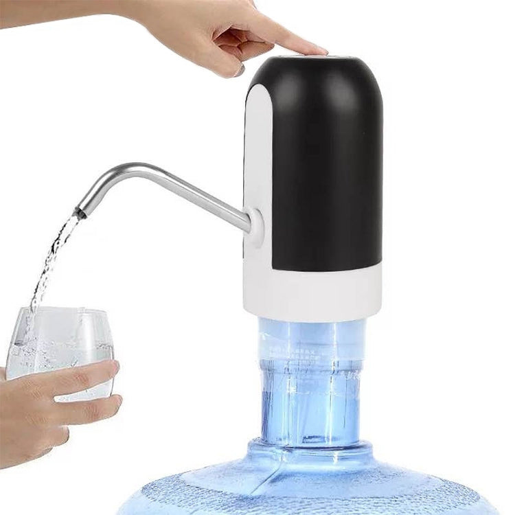 Black-and-white automatic water pump dispensing into cup with curved metal spout