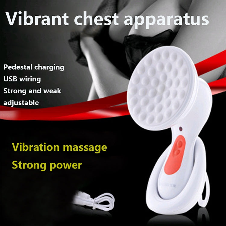 White handheld vibration massage device with round head, red button, and USB cable