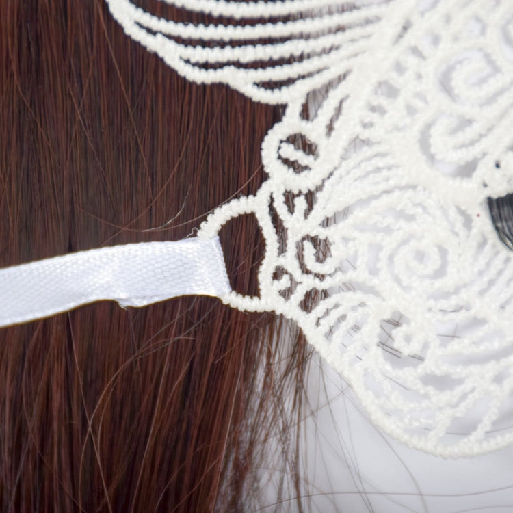 White lace cat king masquerade mask strap tie with ornate filigree trim