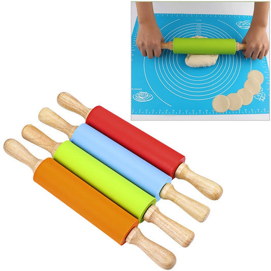 kn055 Solid Wooden Handle Silicone Rolling Pin Non-stick Food Dumpling Stick, Length: 43cm, Random Color Delivery, 43cm