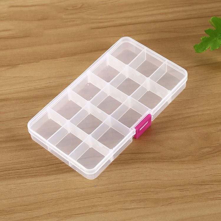 Clear white plastic grid organizer box with 15 compartments and pink snap latch