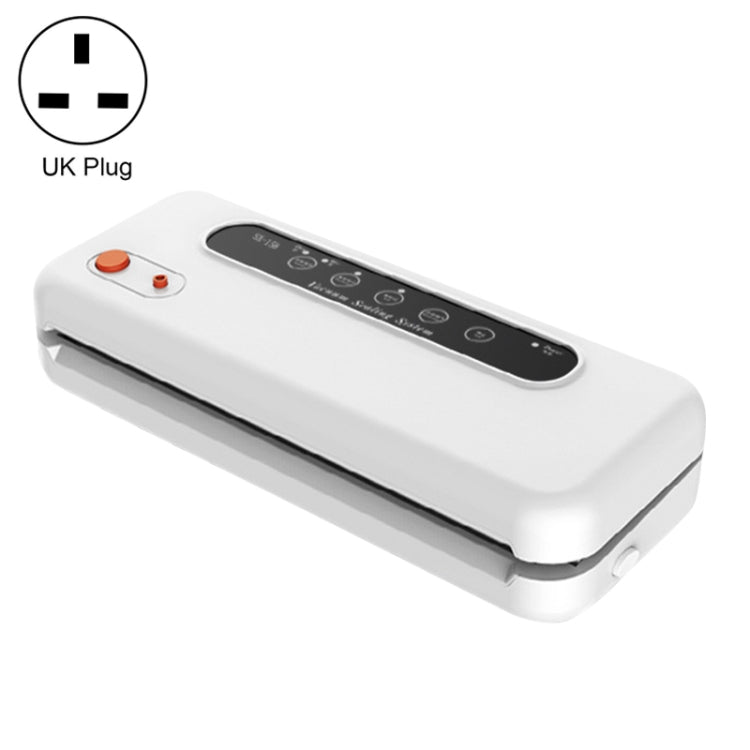 White vacuum food sealer machine with control panel and orange buttons, UK plug