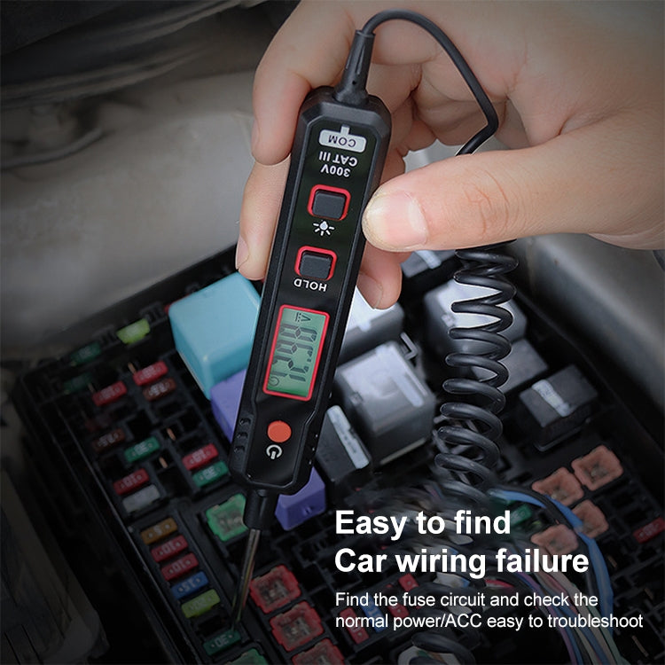 Car circuit test pen handheld use with LCD screen showing reading