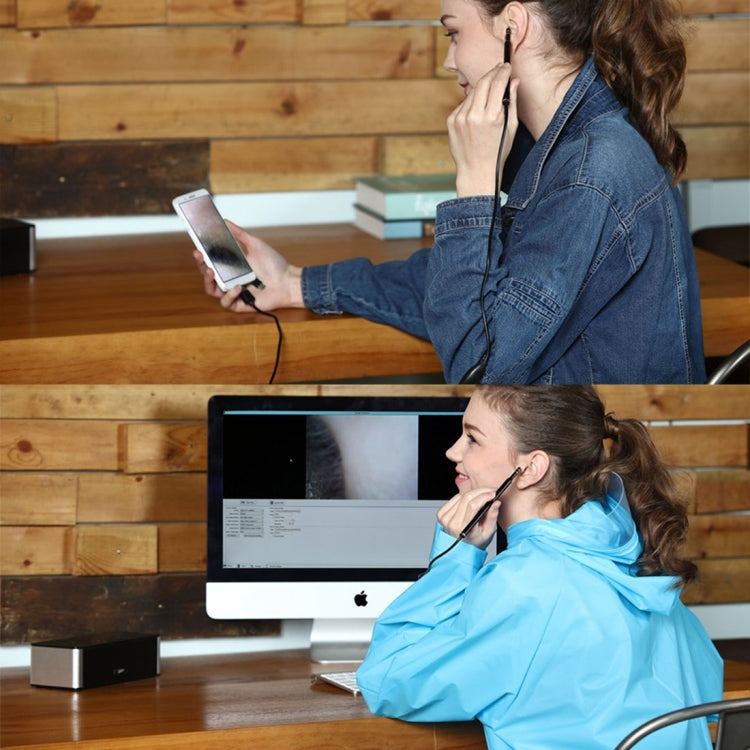 Woman using an ear inspection scope with phone and laptop