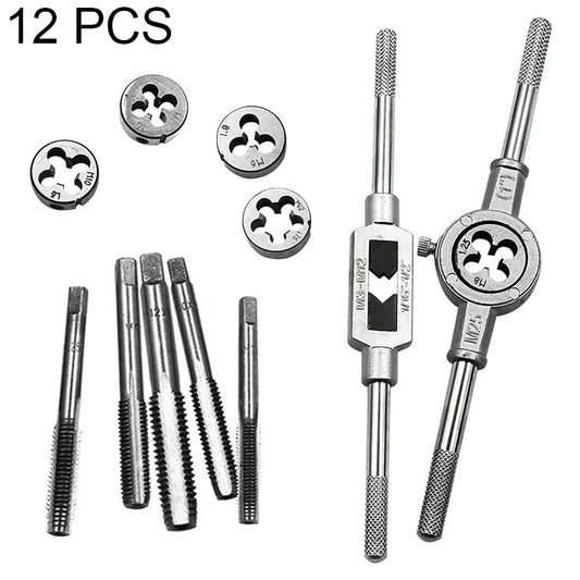 12 PCS Multi-specification Tap and Die Combination Set Hand Metric Wire Tapping Wrench Winch, 12 PCS
