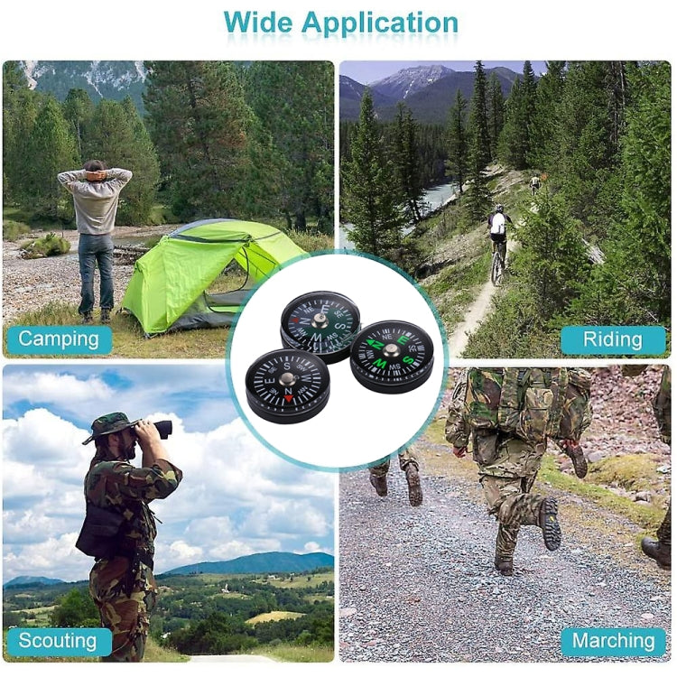 Multiple black 20mm plastic compass discs shown together in an outdoor-use inset