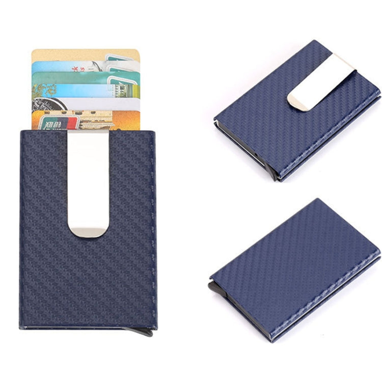 Blue carbon-fiber card holder wallet with card slot window and money clip