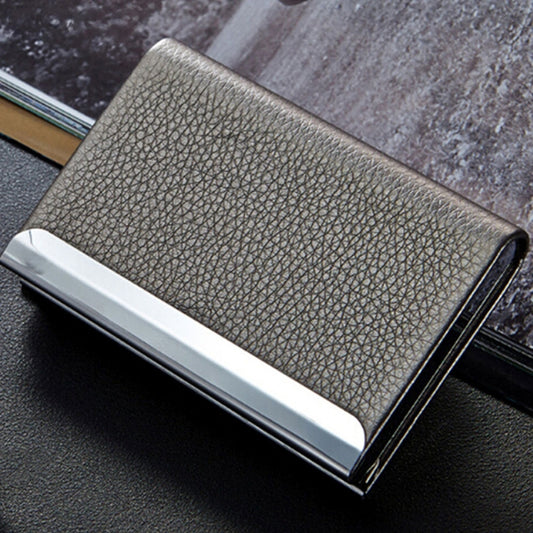 Grey textured business card and ID holder with silver metal front accent