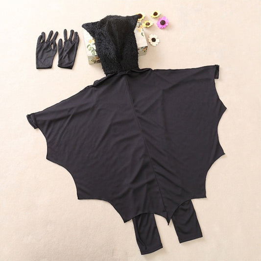 Black batwing jumpsuit costume with fuzzy hood, glove set, and attached cape panels