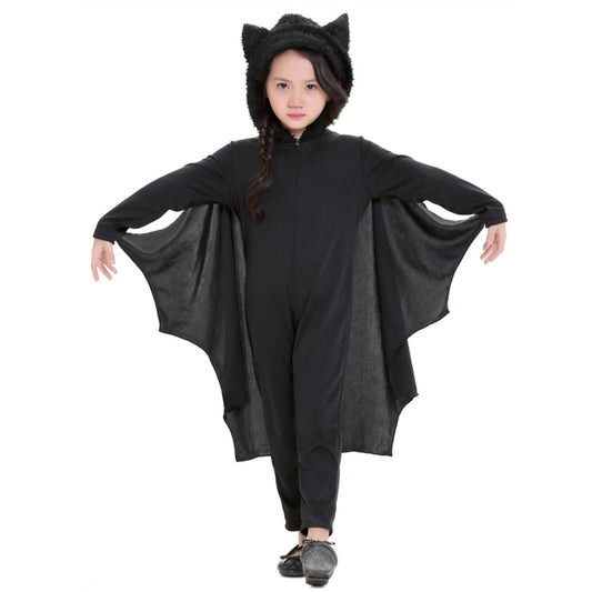 Children's black bat-style hooded jumpsuit costume with long batwing sleeves
