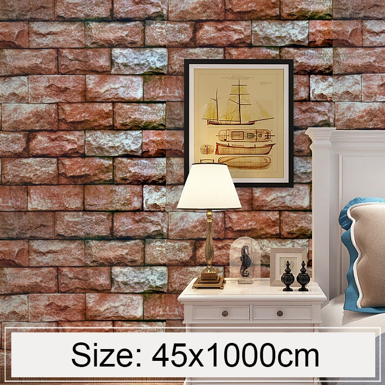 3D faux stone brick wallpaper with reddish stones and cool gray mortar for indoor walls