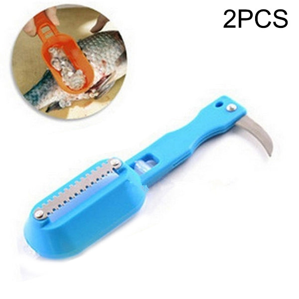 Blue fish scraper knife with cover and serrated blade, 2pcs set