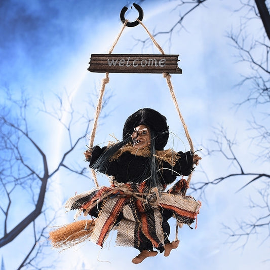 Hanging Halloween witch ornament with 'welcome' plank sign, black hat, straw broom