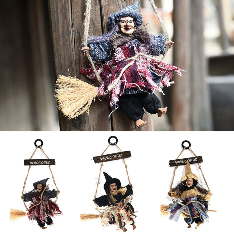 Set of three hanging witch ornaments with 'welcome' planks, straw brooms, ragged outfits