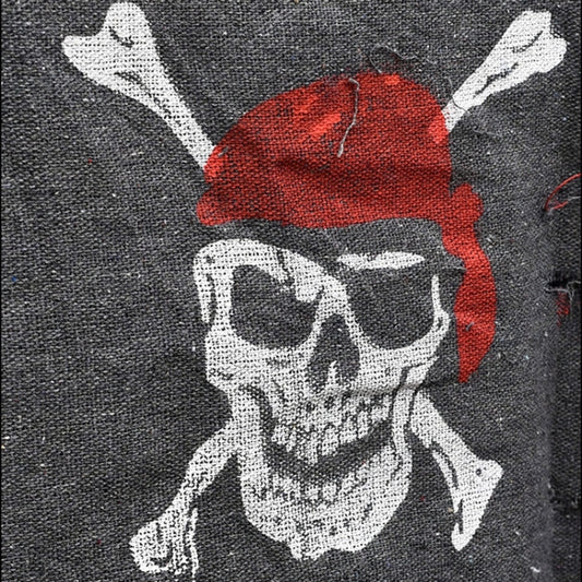 Close-up pirate skull banner flag: white skull with red bandana and crossed swords
