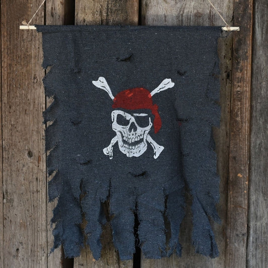 Pirate skull banner flag in dark blue with white skull, red bandana, crossed swords