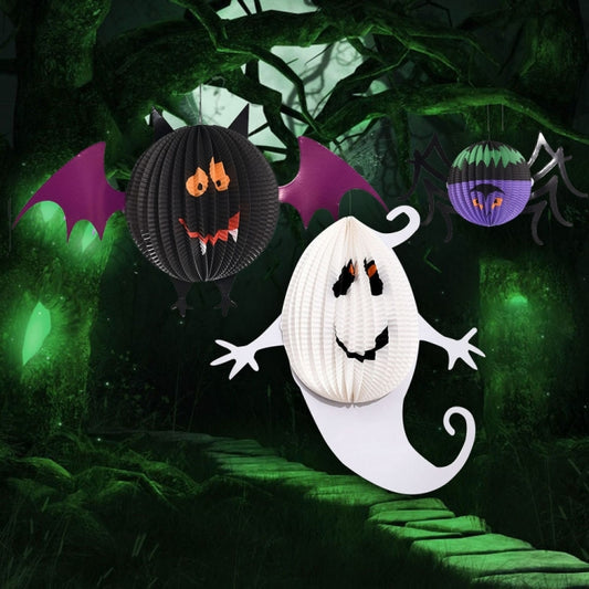 3 PCS / Set Creative Funny Halloween Ghost Bats Spider Pendant Paper Decoration and Props Horror, Ghost + bat + spider